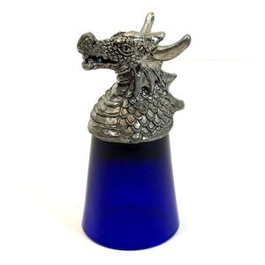 Shot Glass Vintage Fellowship Foundry Pewter Dragon Head Cobalt Blue
